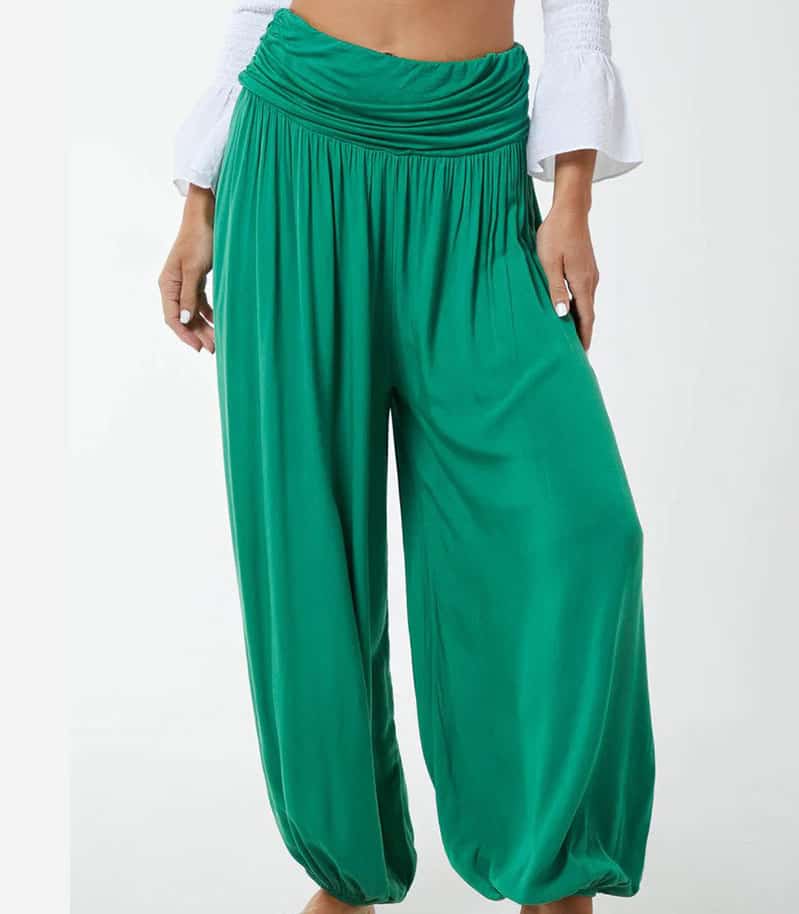 Sheer Chiffon Harem Pants with Side Slits in Jasmine Green