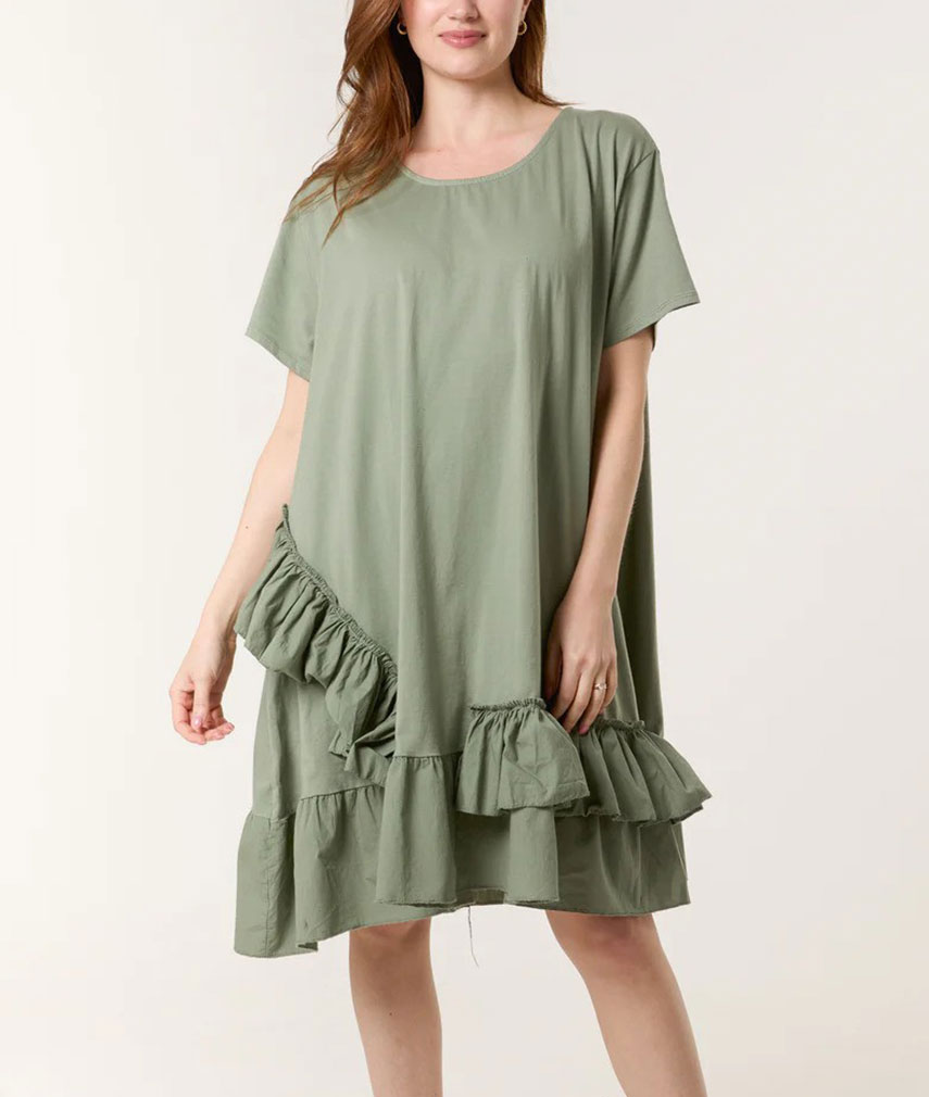 6 Khaki Ruffle Detail Dress - Image 1