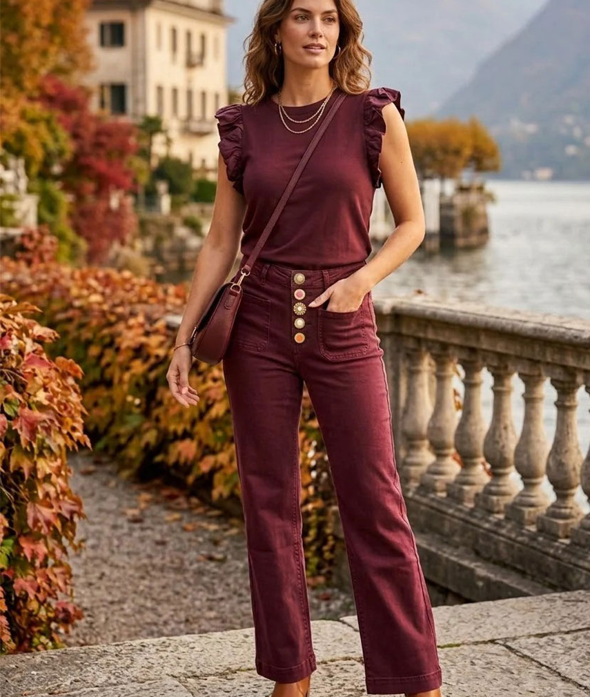 2 Burgundy Button Jeans - Image 1